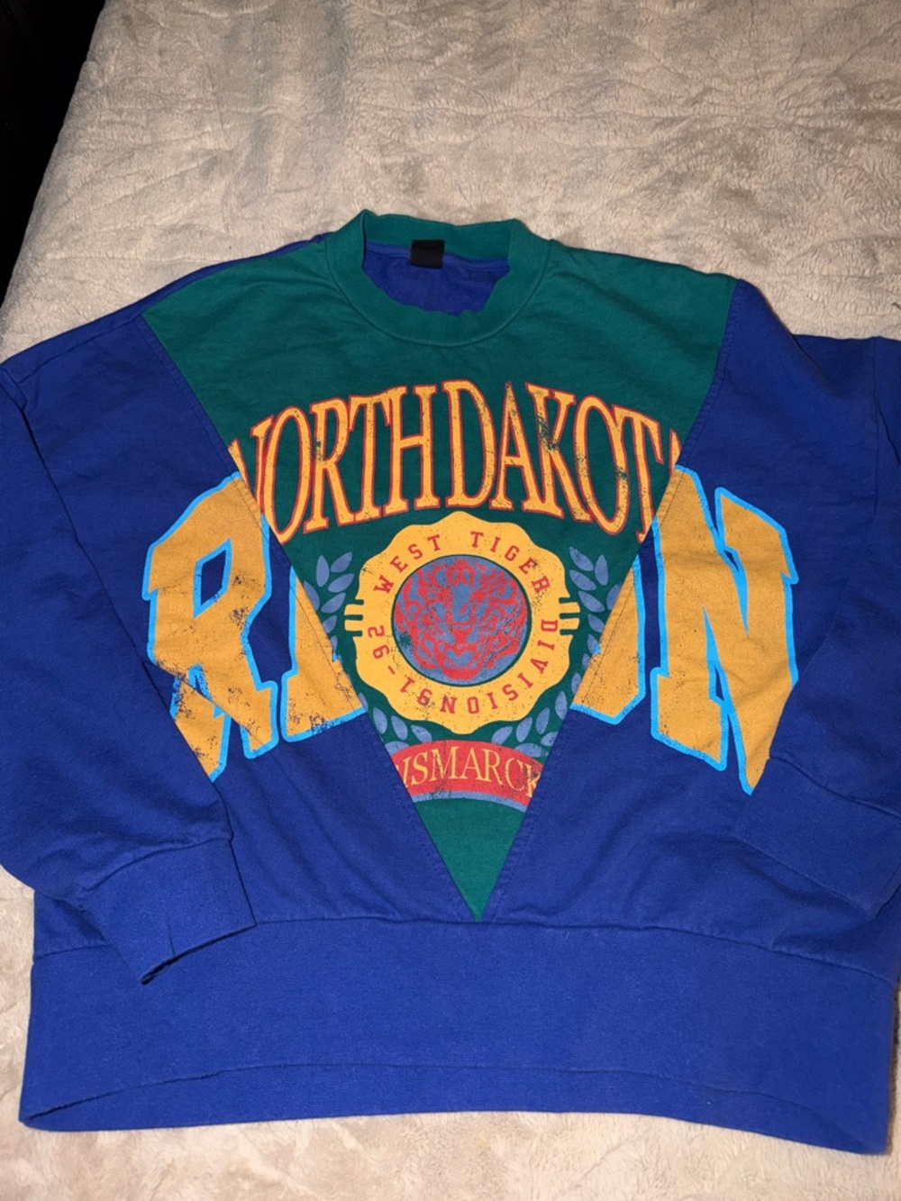 Vintage Urban Outfitters Patchwork Sweatshirt Sz S EUC Blue Graphic North Dakota